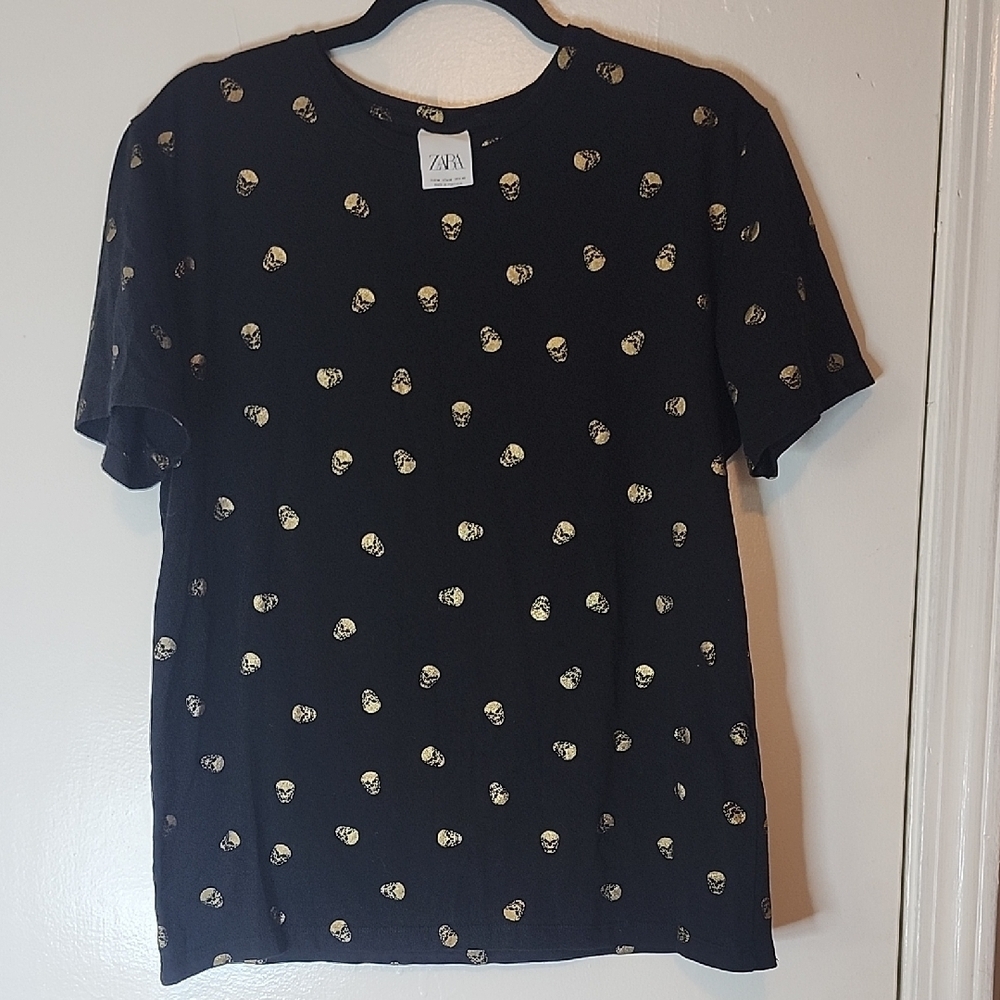 Zara Black Tee with Gold Skull Accents